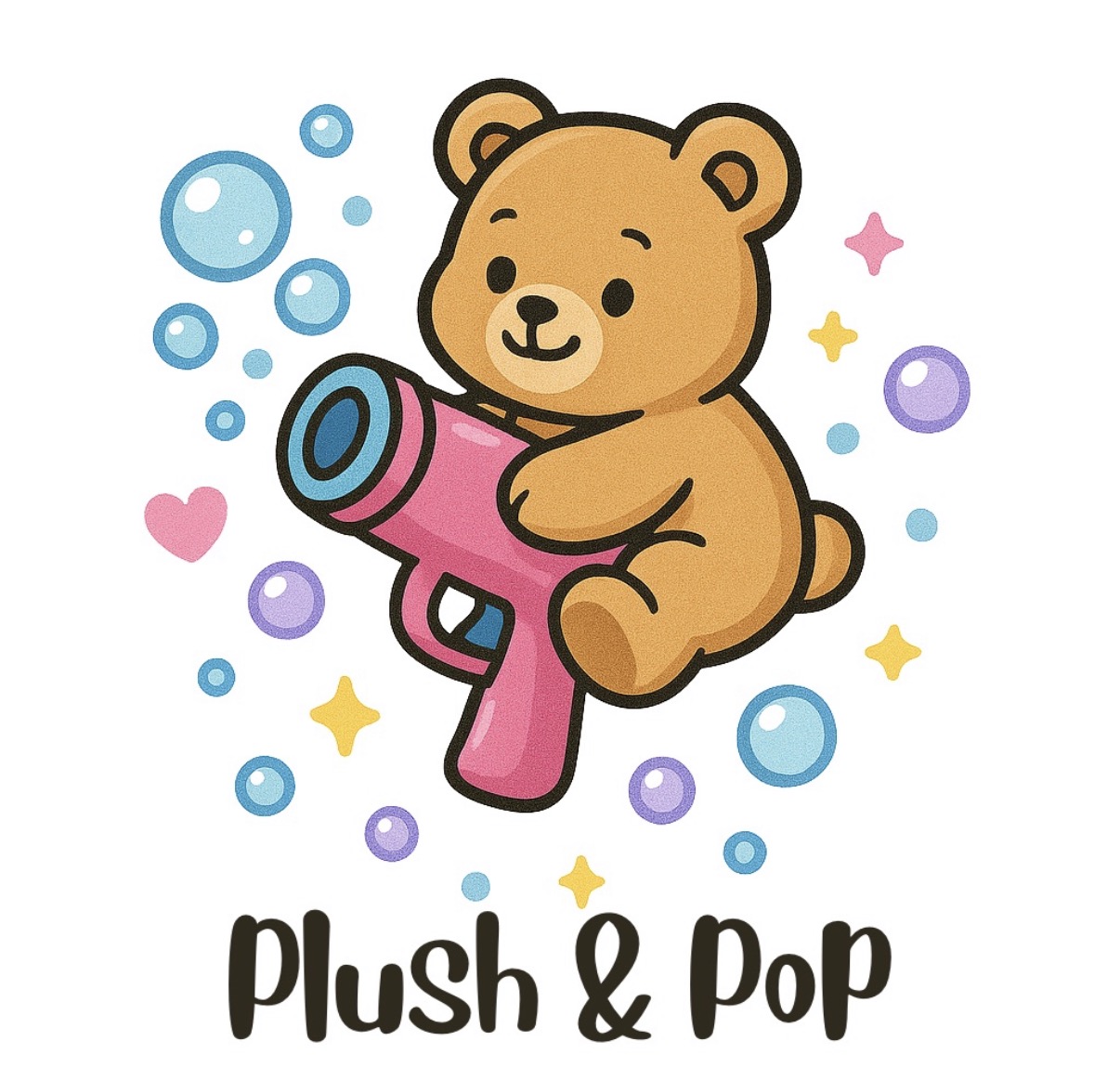 Plush & Pop teddy bear holding a pink bubble gun